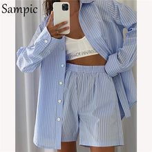 Load image into Gallery viewer, Sampic Loung Wear Tracksuit Women Shorts Set Stripe Long Sleeve Shirt Tops And Loose High Waisted Mini Shorts Two Piece Set 2021
