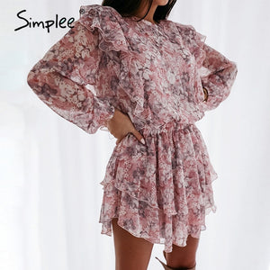 Simplee women floral print dress Elegant puff sleeve a-line chiffon sash dress High waist work wear office lady pink dress 2020