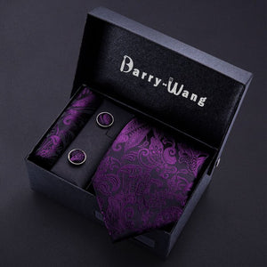 Gold Men Tie Paisley Silk Tie Pocket Square Gift Box Set Barry.Wang Luxury Designer Neck Tie For Men Male Gravat BB-5150
