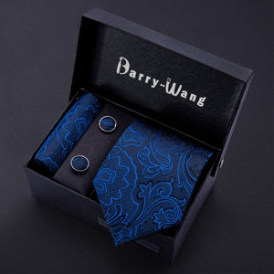 Gold Men Tie Paisley Silk Tie Pocket Square Gift Box Set Barry.Wang Luxury Designer Neck Tie For Men Male Gravat BB-5150