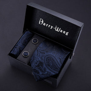 Gold Men Tie Paisley Silk Tie Pocket Square Gift Box Set Barry.Wang Luxury Designer Neck Tie For Men Male Gravat BB-5150