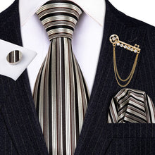 Load image into Gallery viewer, Fashion Designer Gold Striped Men Tie Gold Brooches Silk Tie Handkerchief Set Neck Tie For Men Groom Gift Business Barry.Wang
