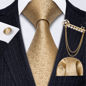 Fashion Designer Gold Striped Men Tie Gold Brooches Silk Tie Handkerchief Set Neck Tie For Men Groom Gift Business Barry.Wang