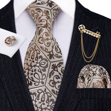 Load image into Gallery viewer, Fashion Designer Gold Striped Men Tie Gold Brooches Silk Tie Handkerchief Set Neck Tie For Men Groom Gift Business Barry.Wang
