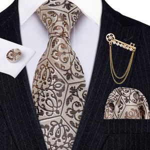 Fashion Designer Gold Striped Men Tie Gold Brooches Silk Tie Handkerchief Set Neck Tie For Men Groom Gift Business Barry.Wang