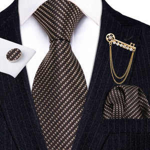 Fashion Designer Gold Striped Men Tie Gold Brooches Silk Tie Handkerchief Set Neck Tie For Men Groom Gift Business Barry.Wang