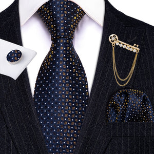 Fashion Designer Gold Striped Men Tie Gold Brooches Silk Tie Handkerchief Set Neck Tie For Men Groom Gift Business Barry.Wang