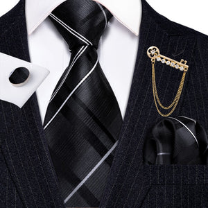 Fashion Designer Gold Striped Men Tie Gold Brooches Silk Tie Handkerchief Set Neck Tie For Men Groom Gift Business Barry.Wang