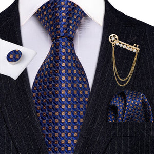 Fashion Designer Gold Striped Men Tie Gold Brooches Silk Tie Handkerchief Set Neck Tie For Men Groom Gift Business Barry.Wang