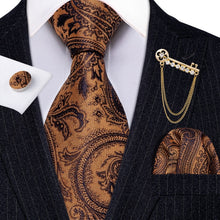 Load image into Gallery viewer, Fashion Designer Gold Striped Men Tie Gold Brooches Silk Tie Handkerchief Set Neck Tie For Men Groom Gift Business Barry.Wang

