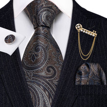 Load image into Gallery viewer, Fashion Designer Gold Striped Men Tie Gold Brooches Silk Tie Handkerchief Set Neck Tie For Men Groom Gift Business Barry.Wang
