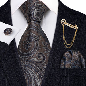 Fashion Designer Gold Striped Men Tie Gold Brooches Silk Tie Handkerchief Set Neck Tie For Men Groom Gift Business Barry.Wang