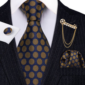 Fashion Designer Gold Striped Men Tie Gold Brooches Silk Tie Handkerchief Set Neck Tie For Men Groom Gift Business Barry.Wang