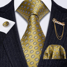 Load image into Gallery viewer, Fashion Designer Gold Striped Men Tie Gold Brooches Silk Tie Handkerchief Set Neck Tie For Men Groom Gift Business Barry.Wang

