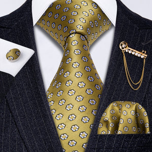 Fashion Designer Gold Striped Men Tie Gold Brooches Silk Tie Handkerchief Set Neck Tie For Men Groom Gift Business Barry.Wang