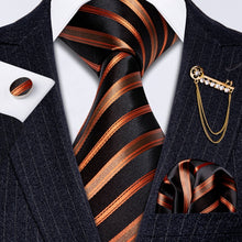 Load image into Gallery viewer, Fashion Designer Gold Striped Men Tie Gold Brooches Silk Tie Handkerchief Set Neck Tie For Men Groom Gift Business Barry.Wang
