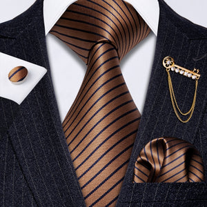 Fashion Designer Gold Striped Men Tie Gold Brooches Silk Tie Handkerchief Set Neck Tie For Men Groom Gift Business Barry.Wang