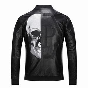 2021 Skull Rhinestones PU Jackets Men Black High Street Stand-Neck Zipper Rib Sleeve Streetwear Motorcycle Faux Leather Coats