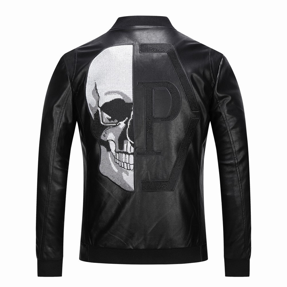 2021 Skull Rhinestones PU Jackets Men Black High Street Stand-Neck Zipper Rib Sleeve Streetwear Motorcycle Faux Leather Coats