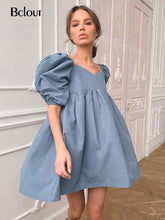 Load image into Gallery viewer, Bclout Vintage Blue Black A-Line Mini Dress Woman 2021 Summer Loose Sexy Patchwork Party Dress V Neck Half Sleeve Party Vestido
