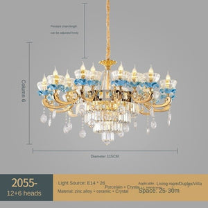 Style Living Room Chandelier Blue Ceramic Crystal Lamp Living Room Villa Chandelier Light Luxury Elegant Hotel Restaurant