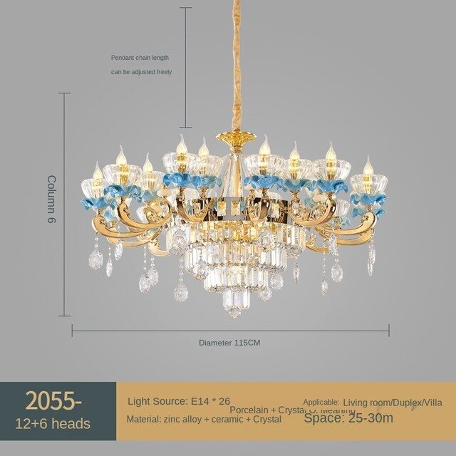 Style Living Room Chandelier Blue Ceramic Crystal Lamp Living Room Villa Chandelier Light Luxury Elegant Hotel Restaurant