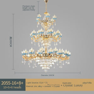 Style Living Room Chandelier Blue Ceramic Crystal Lamp Living Room Villa Chandelier Light Luxury Elegant Hotel Restaurant