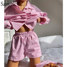 Load image into Gallery viewer, Sampic Loung Wear Tracksuit Women Shorts Set Stripe Long Sleeve Shirt Tops And Loose High Waisted Mini Shorts Two Piece Set 2021
