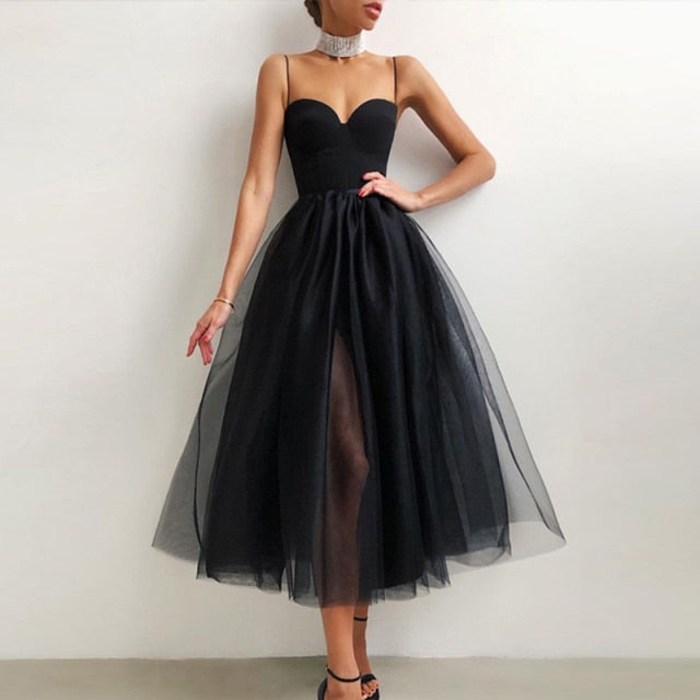 Summer Sexy Halter Off Shoulder Party Dress Women Elegant Spaghetti Strap Spliced Mesh Dresses Ladies Ballet Clothing Vestidos