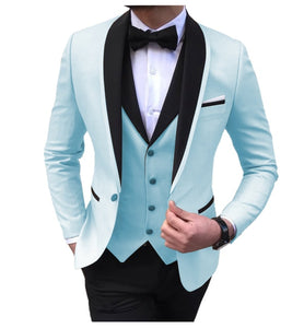 Blue Slit Mens Suits 3 Piece Black Shawl Lapel Casual Tuxedos for Wedding Groomsmen Suits Men 2020 (Blazer+Vest+Pant)