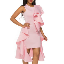 Load image into Gallery viewer, Women Party Irregular Length Dress Pink O Neck Ruffle Sexy Celebrate Ladies Evenig Date Night Dinner Stretches Slim Robes Tunics
