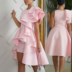 Women Party Irregular Length Dress Pink O Neck Ruffle Sexy Celebrate Ladies Evenig Date Night Dinner Stretches Slim Robes Tunics