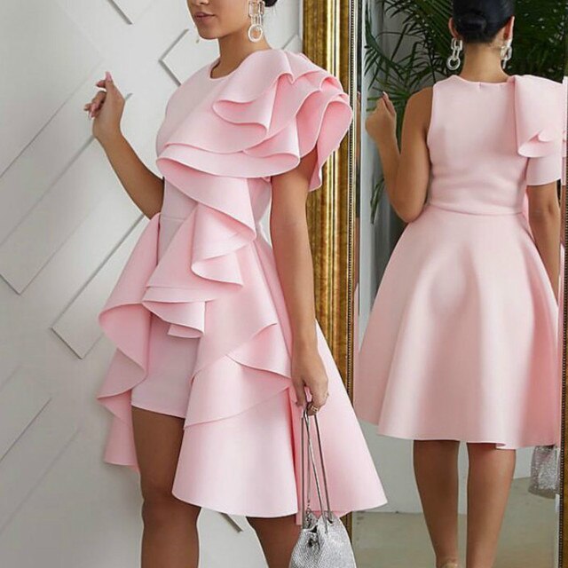 Women Party Irregular Length Dress Pink O Neck Ruffle Sexy Celebrate Ladies Evenig Date Night Dinner Stretches Slim Robes Tunics