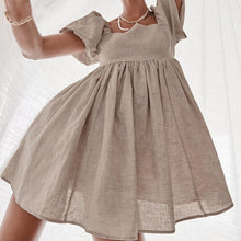 Load image into Gallery viewer, MUICHES Sweet Puff Sleeve Linen Mini Dress Woman Square Collar Solid High Waist A-Line Dress 2021 New Summer
