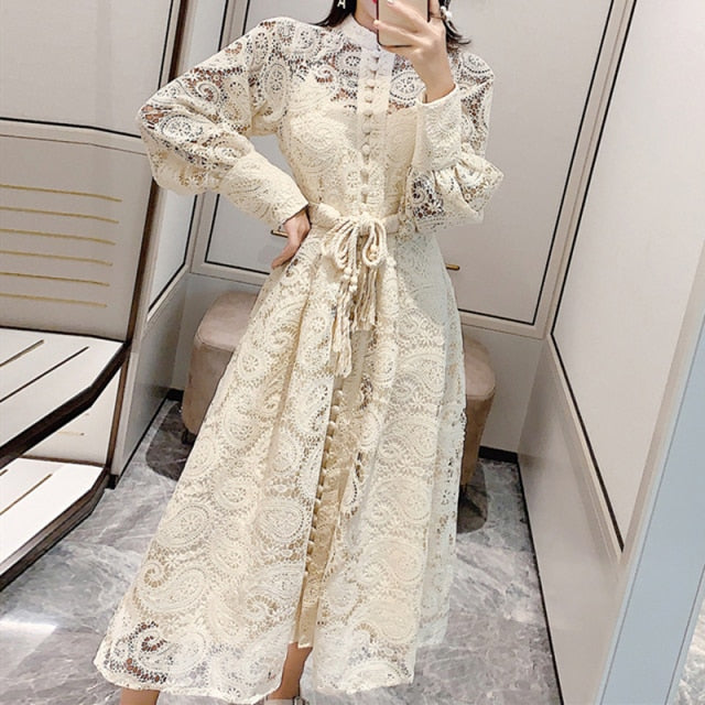 Wavsiyier Midi Dress Luxury Elegant A-Line Party Belt Hollow Out Lace Embroidery Dresses Women 2021 Spring Long Sleeve Vintage
