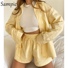 Load image into Gallery viewer, Sampic Loung Wear Tracksuit Women Shorts Set Stripe Long Sleeve Shirt Tops And Loose High Waisted Mini Shorts Two Piece Set 2021
