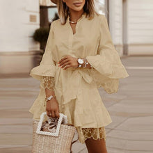Load image into Gallery viewer, 2021 Elegant Spring Flare Sleeve Lady Shirt Dress Summer Patchwork Lace Belted Party Dress Women Casual V Neck Button Mini Dress
