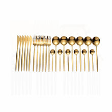 Load image into Gallery viewer, 24pcs Gold Tableware Set 18/10 Stainless Steel Dinnerware Set Knife Fork Spoon Flatware Set Dishwasher Safe Cutlery Set Gift Box
