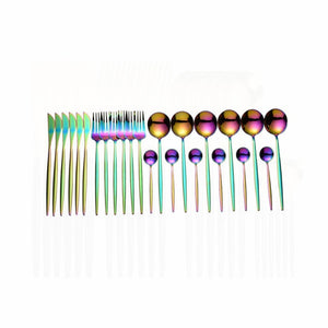 24pcs Gold Tableware Set 18/10 Stainless Steel Dinnerware Set Knife Fork Spoon Flatware Set Dishwasher Safe Cutlery Set Gift Box