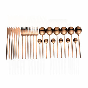 24pcs Gold Tableware Set 18/10 Stainless Steel Dinnerware Set Knife Fork Spoon Flatware Set Dishwasher Safe Cutlery Set Gift Box