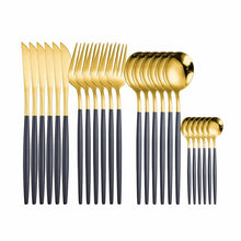 Load image into Gallery viewer, 24pcs Gold Tableware Set 18/10 Stainless Steel Dinnerware Set Knife Fork Spoon Flatware Set Dishwasher Safe Cutlery Set Gift Box
