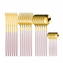 Load image into Gallery viewer, 24pcs Gold Tableware Set 18/10 Stainless Steel Dinnerware Set Knife Fork Spoon Flatware Set Dishwasher Safe Cutlery Set Gift Box

