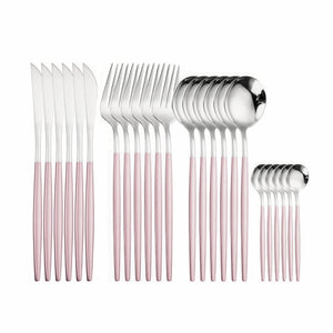 24pcs Gold Tableware Set 18/10 Stainless Steel Dinnerware Set Knife Fork Spoon Flatware Set Dishwasher Safe Cutlery Set Gift Box