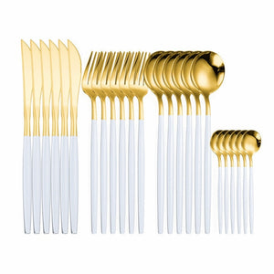 24pcs Gold Tableware Set 18/10 Stainless Steel Dinnerware Set Knife Fork Spoon Flatware Set Dishwasher Safe Cutlery Set Gift Box
