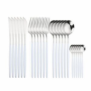 24pcs Gold Tableware Set 18/10 Stainless Steel Dinnerware Set Knife Fork Spoon Flatware Set Dishwasher Safe Cutlery Set Gift Box