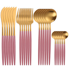 Load image into Gallery viewer, 24pcs Gold Tableware Set 18/10 Stainless Steel Dinnerware Set Knife Fork Spoon Flatware Set Dishwasher Safe Cutlery Set Gift Box
