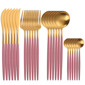 24pcs Gold Tableware Set 18/10 Stainless Steel Dinnerware Set Knife Fork Spoon Flatware Set Dishwasher Safe Cutlery Set Gift Box