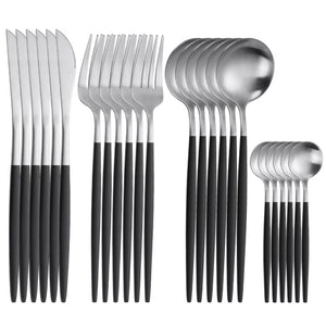 24pcs Gold Tableware Set 18/10 Stainless Steel Dinnerware Set Knife Fork Spoon Flatware Set Dishwasher Safe Cutlery Set Gift Box