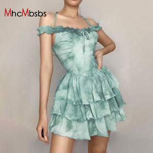 Women Slash Neck Bodycon Mini Dress Sexy Halter Pleated Vintage Bubble Princess Dresses 2021 Summer Fairy Grunge Y2K Clothes
