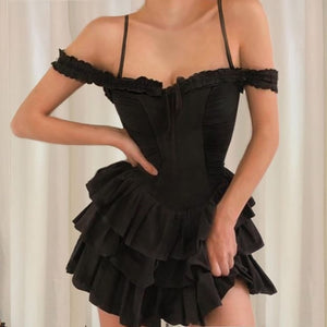 Women Slash Neck Bodycon Mini Dress Sexy Halter Pleated Vintage Bubble Princess Dresses 2021 Summer Fairy Grunge Y2K Clothes